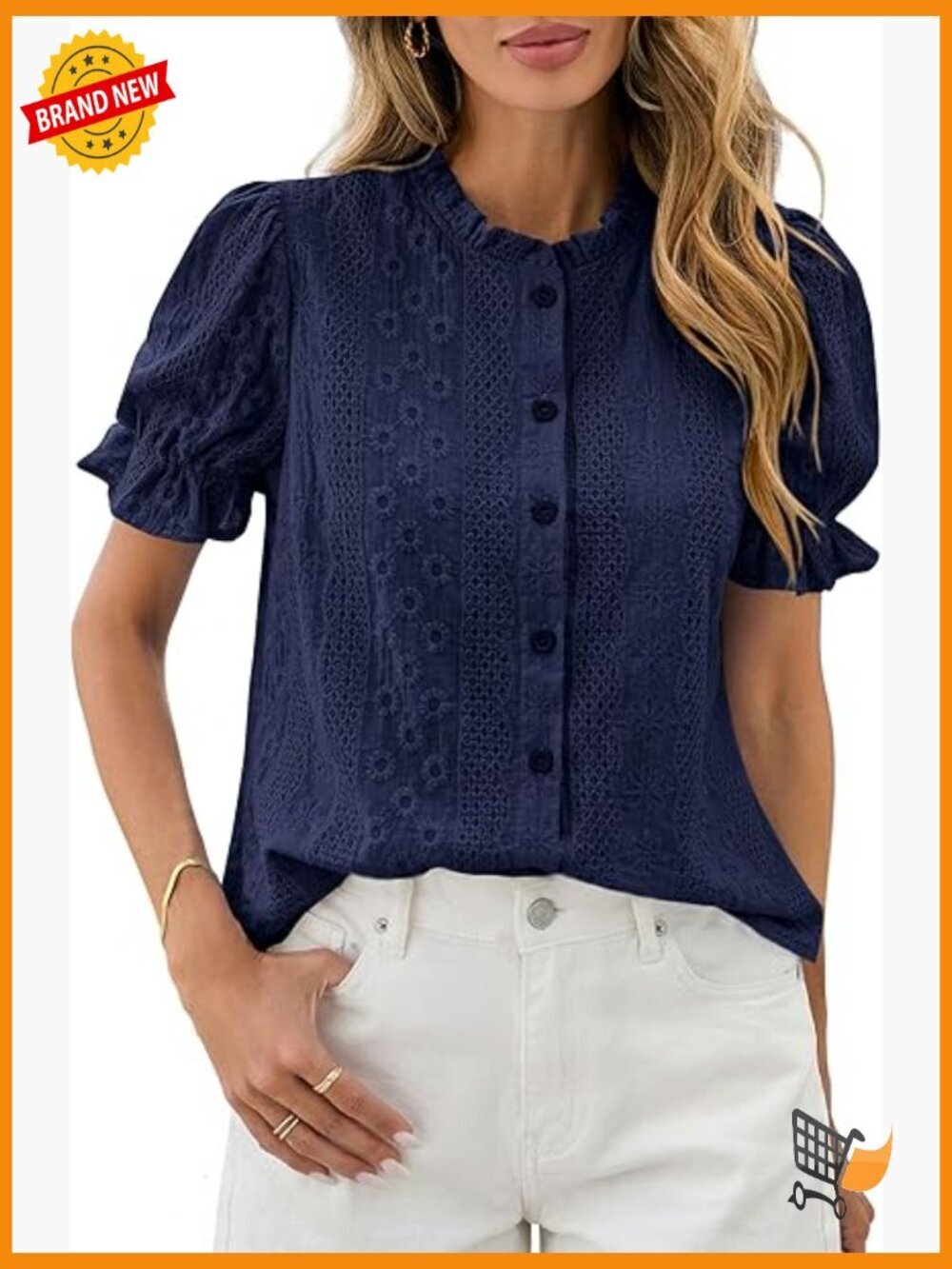Floral Embroidered Puff Short Sleeve Blouse Boho Button Down Shirt
